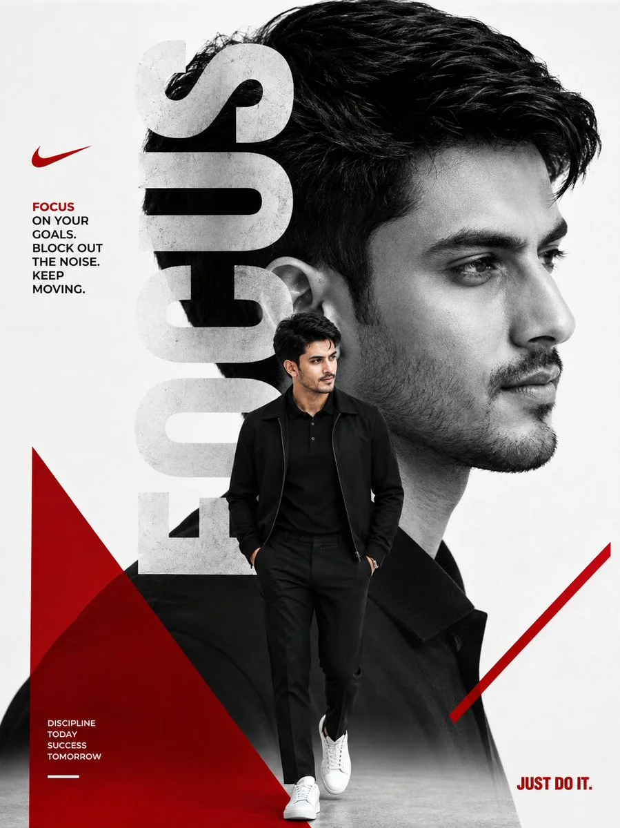 Confident man in black walks forward against bold typographic portrait
