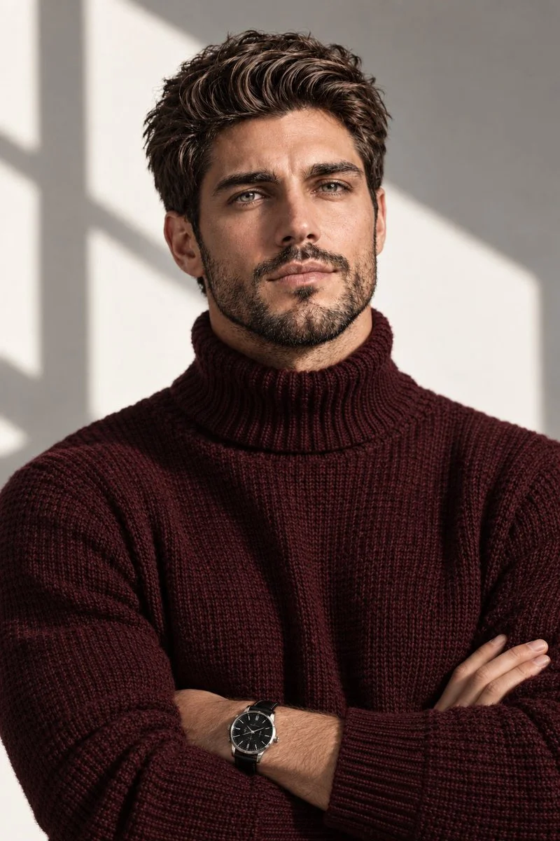 Confident Man in Burgundy Turtleneck Poses Against Shadowed Wall