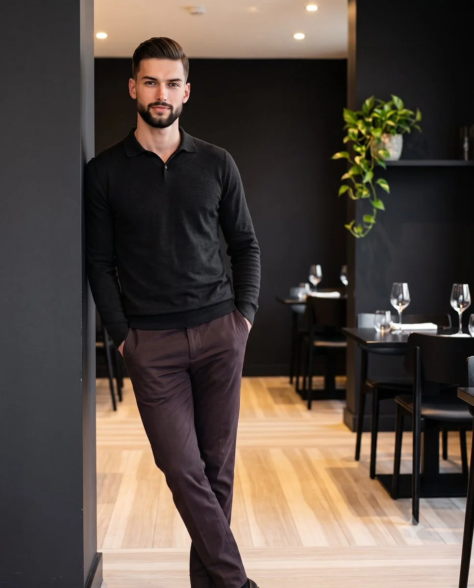Confident man in charcoal black leans casually against a column