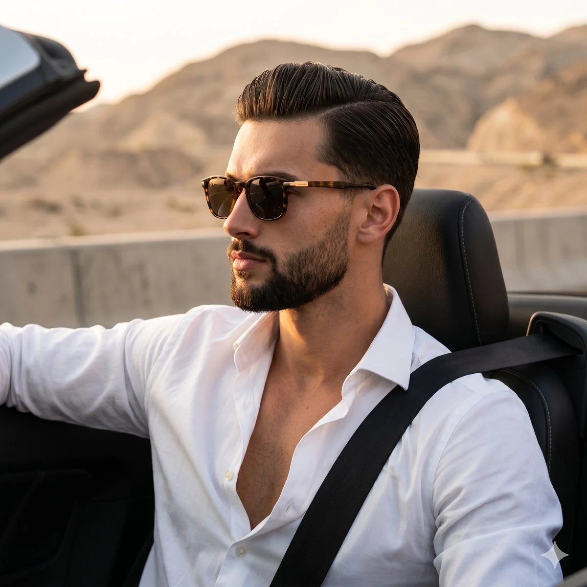 Confident man in convertible enjoys golden sunset mountain drive