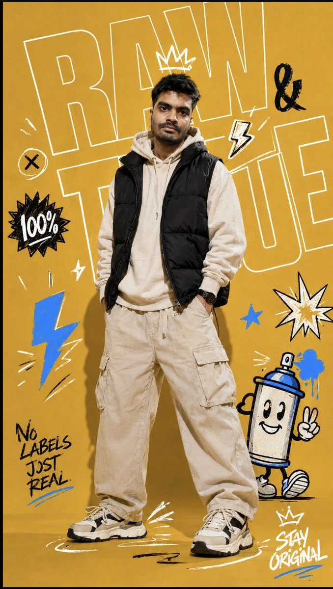 Confident man in cream hoodie poses under bold yellow studio light