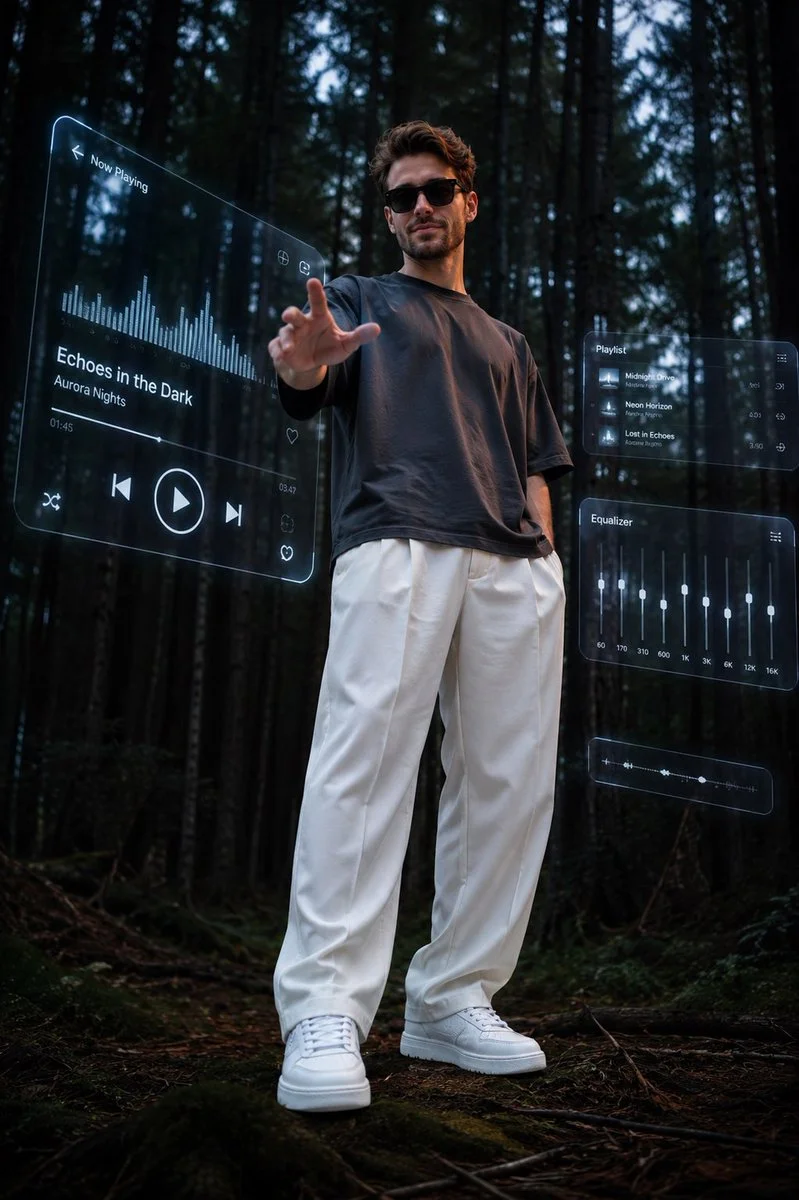 Confident man in dark forest controls futuristic digital music interface.