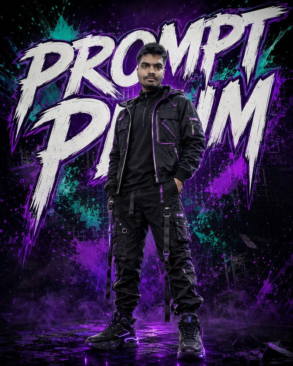 Confident man in futuristic streetwear stands before graffiti text