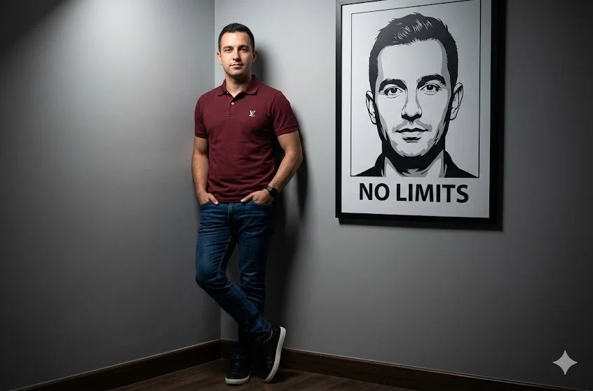 Confident Man in Minimalist Room with Graphic Portrait