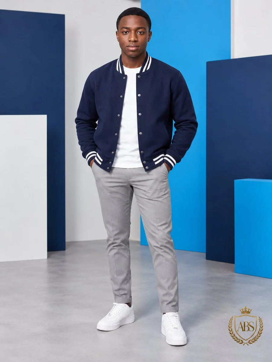 Confident Man in Navy Varsity Jacket Stands in Geometric Studio