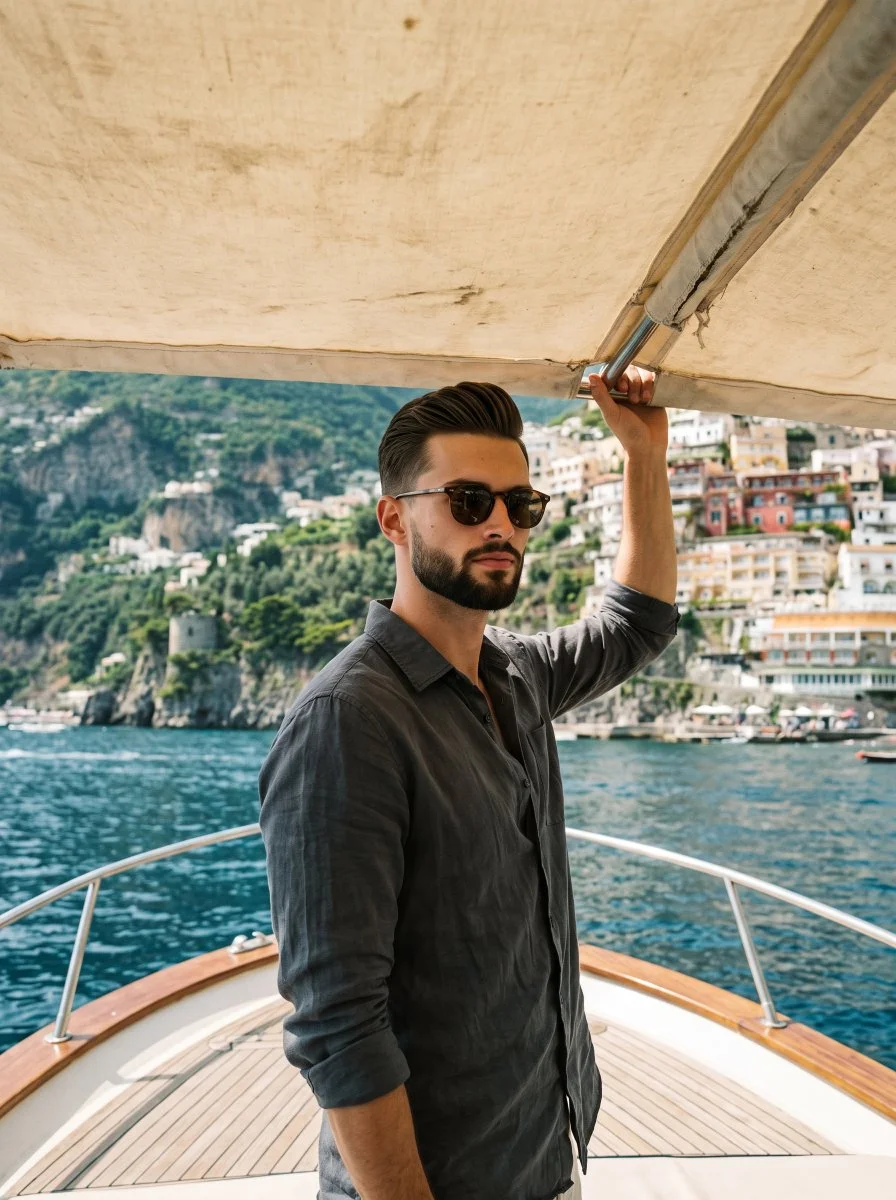 Confident man in sunglasses stands on boat under awning