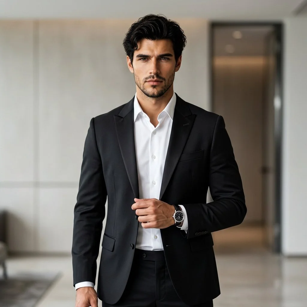 Confident man in tailored black blazer stands in luxurious interior