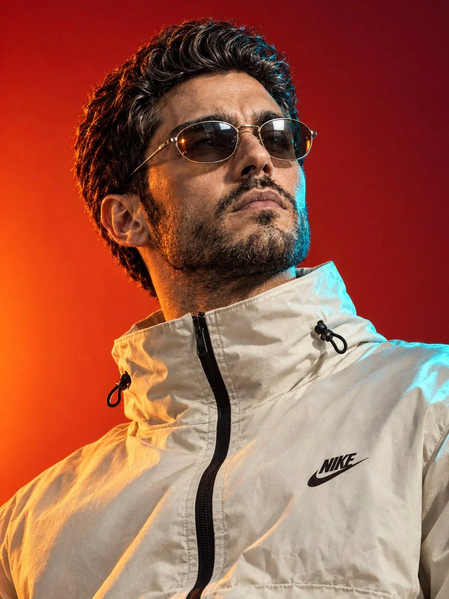 Confident man in vintage glasses poses against vibrant red background