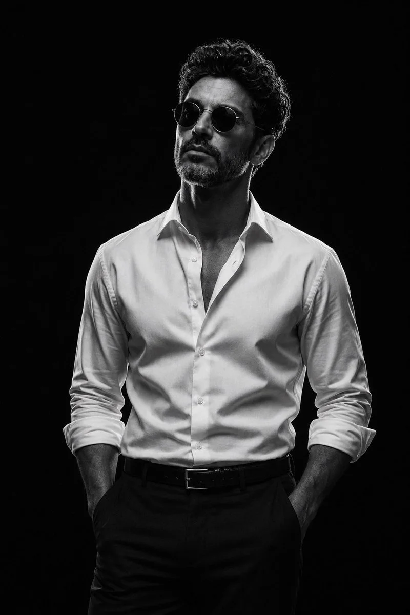Confident man in white shirt and sunglasses stands in dramatic studio light