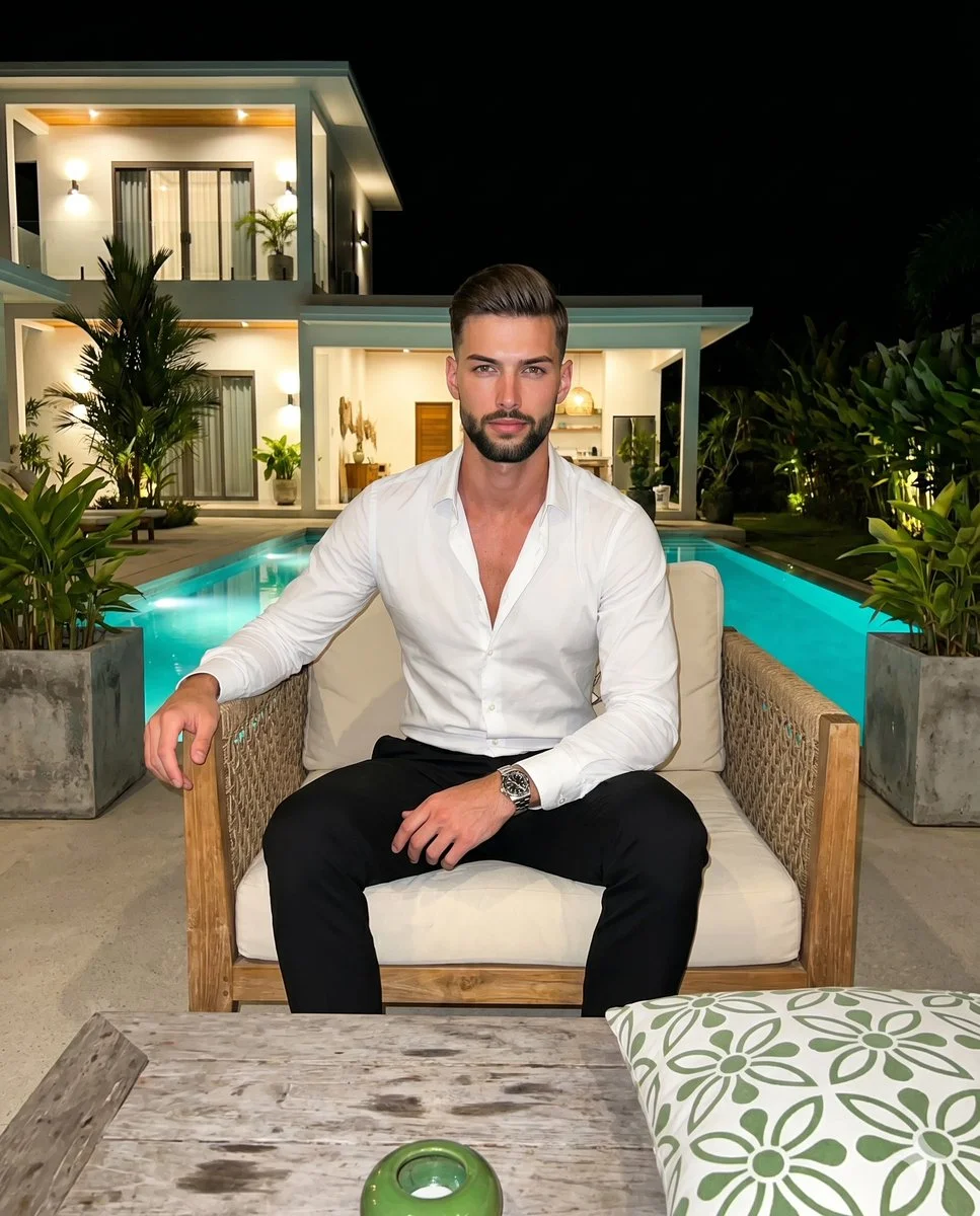 Confident man in white shirt relaxes on lounge chair at night poolside