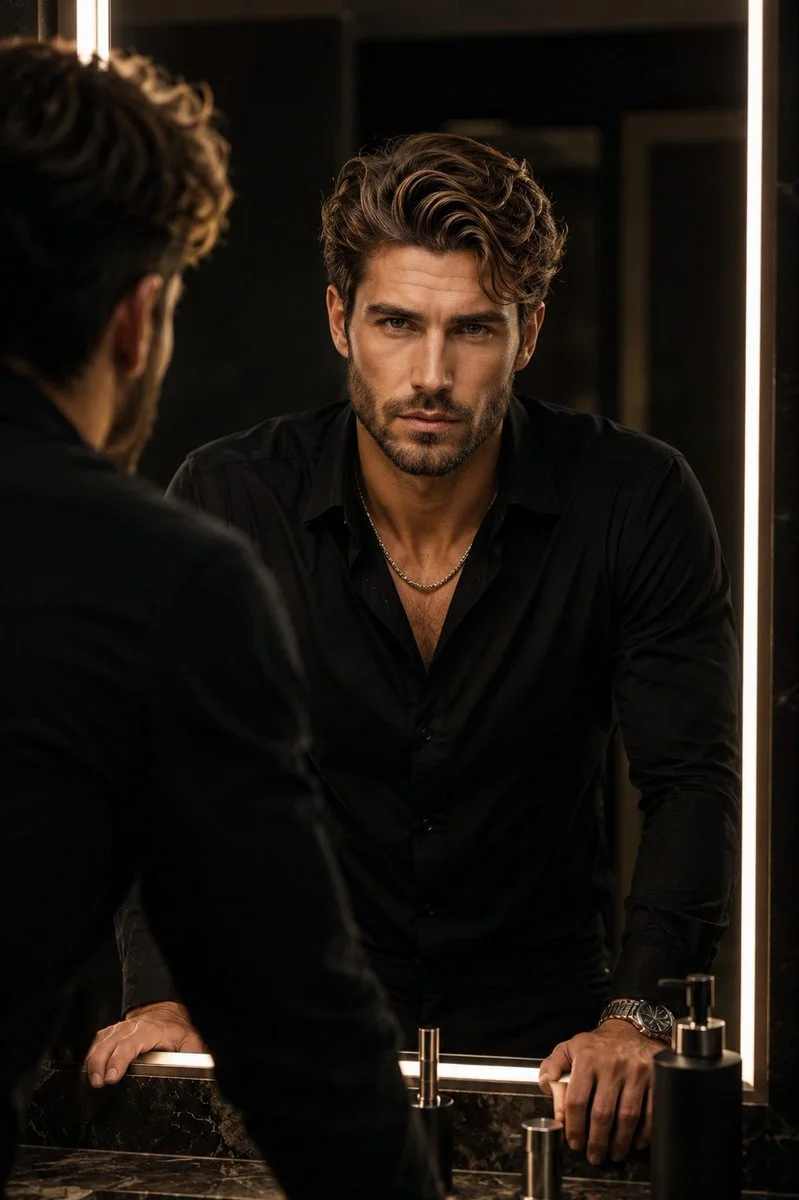 Confident man leans on marble counter in luxury bathroom