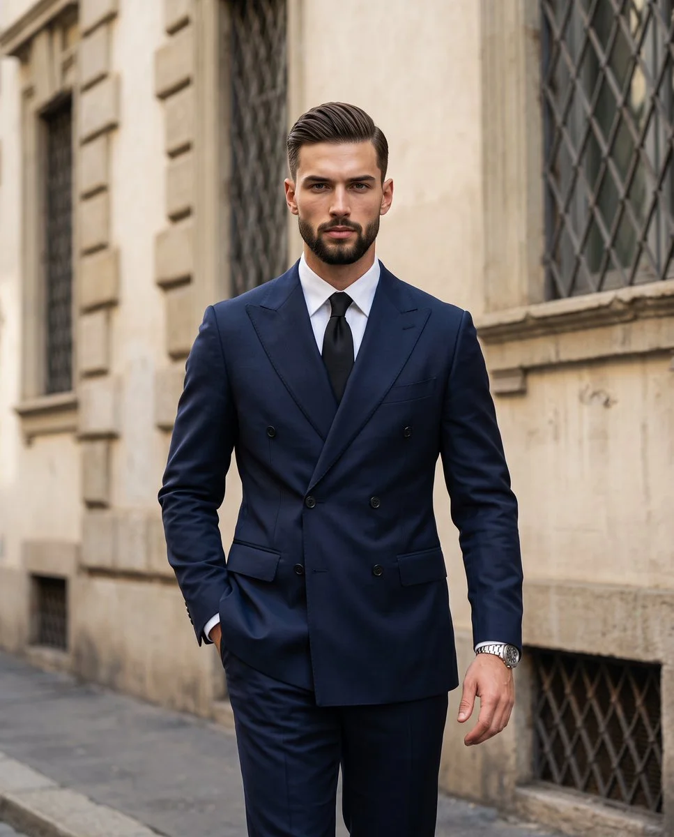 Confident Man Walks European Street In Navy Double-Breasted Suit