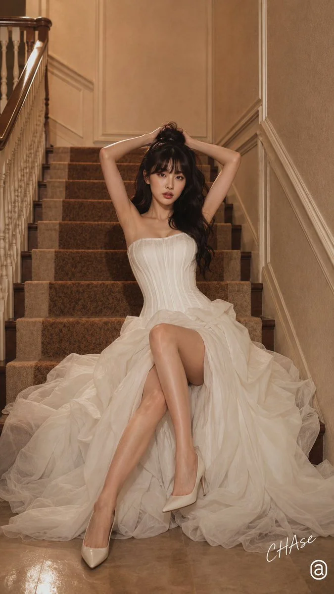 Confident model in avant-garde white gown lounges on vintage stairs