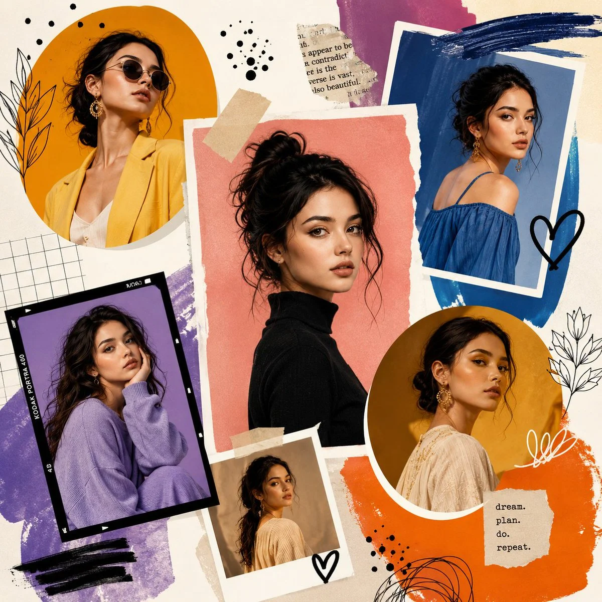 Confident model in black turtleneck poses with layered collage art