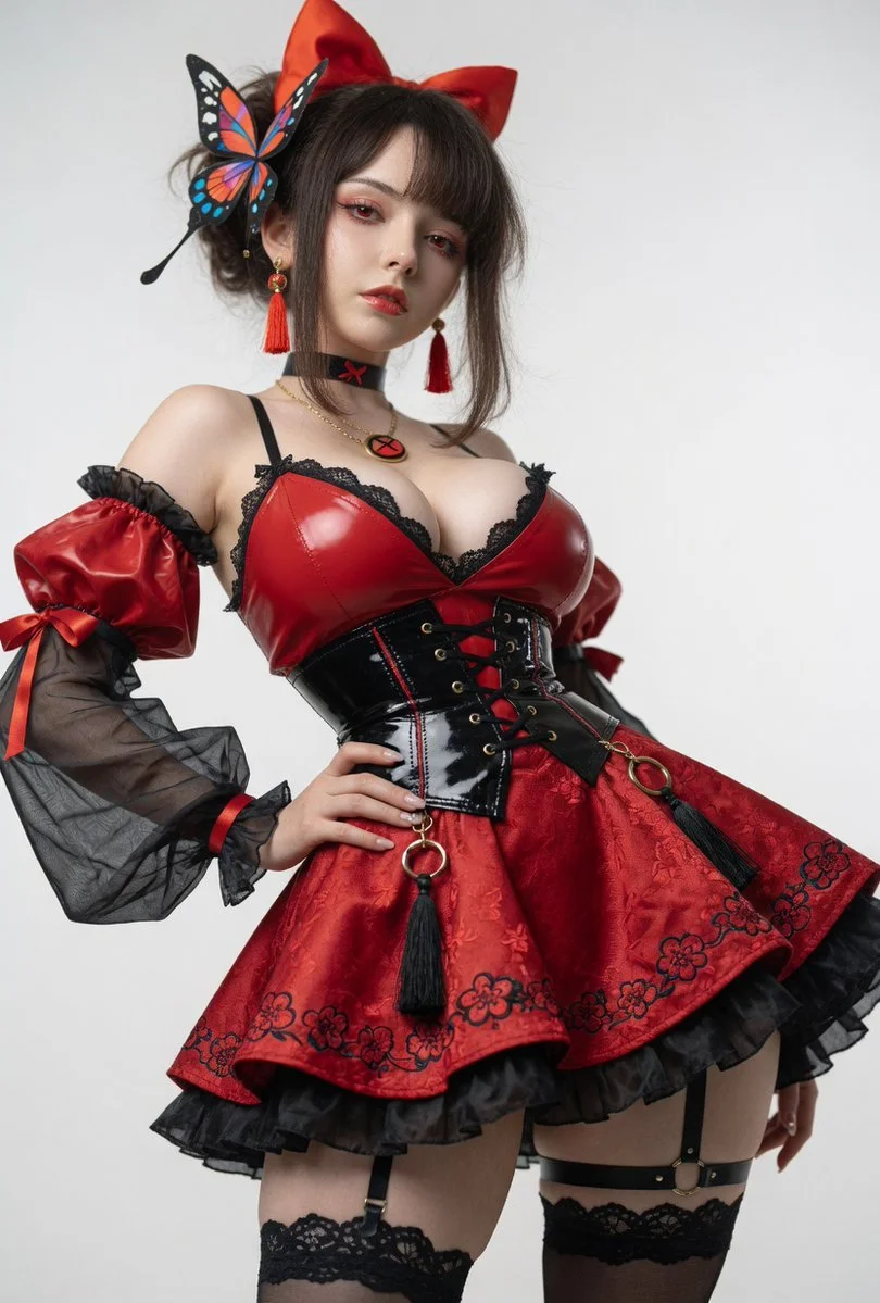 Confident model in red dress gives a flirty smirk to the camera