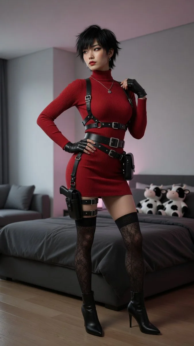 Confident model in ribbed red dress and thigh holster poses indoors