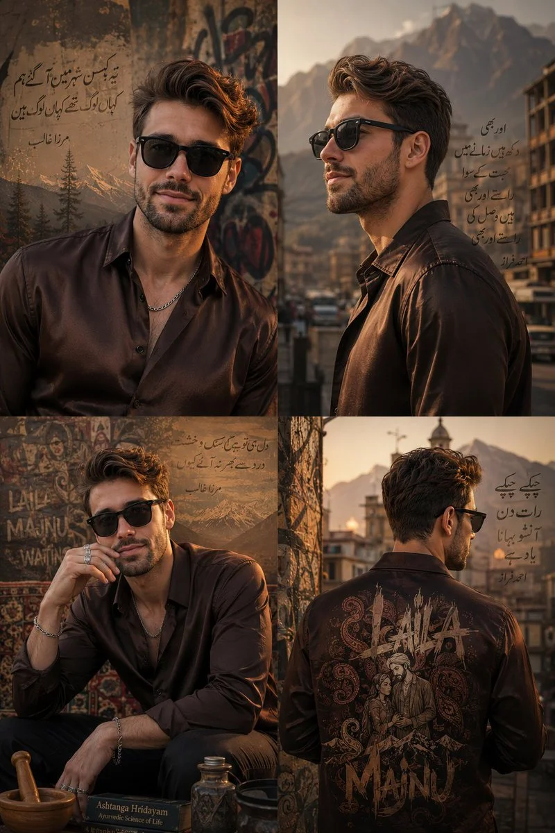 Confident model poses in four-panel urban chaos fashion poster
