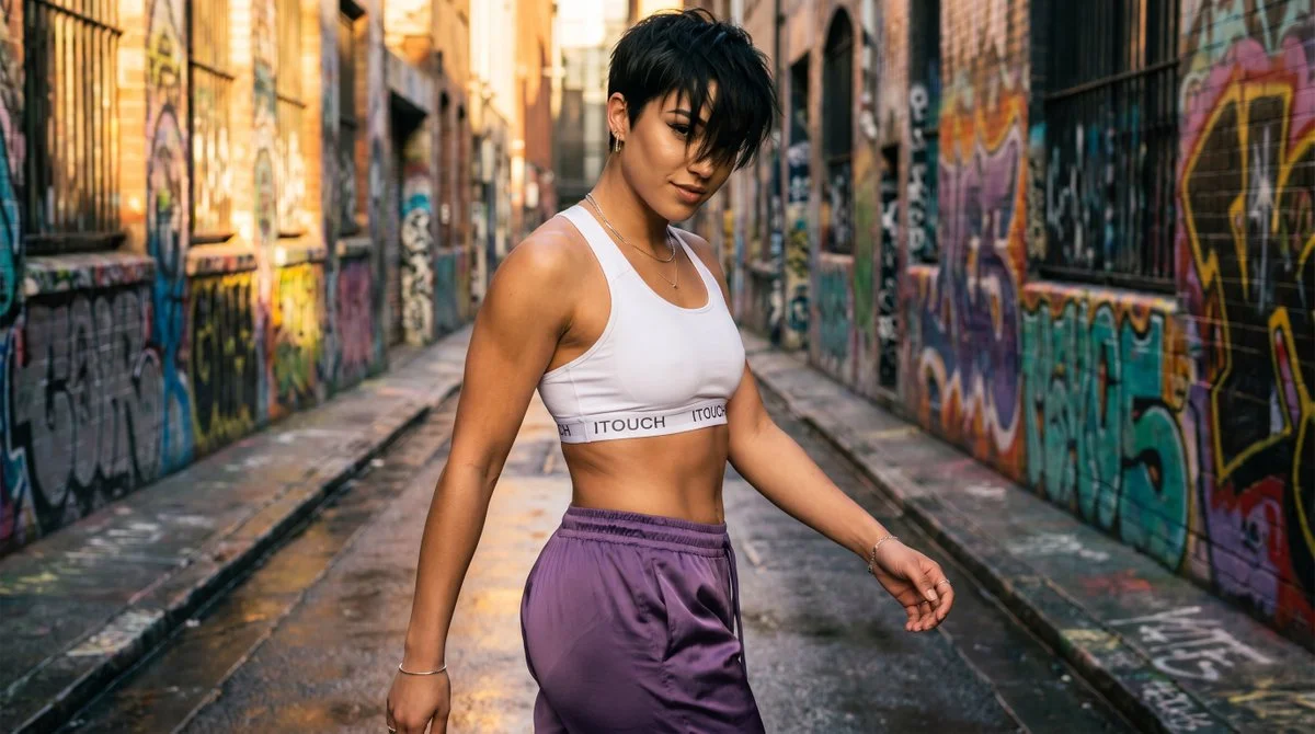 Confident model with layered hair dominates narrow urban alleyway