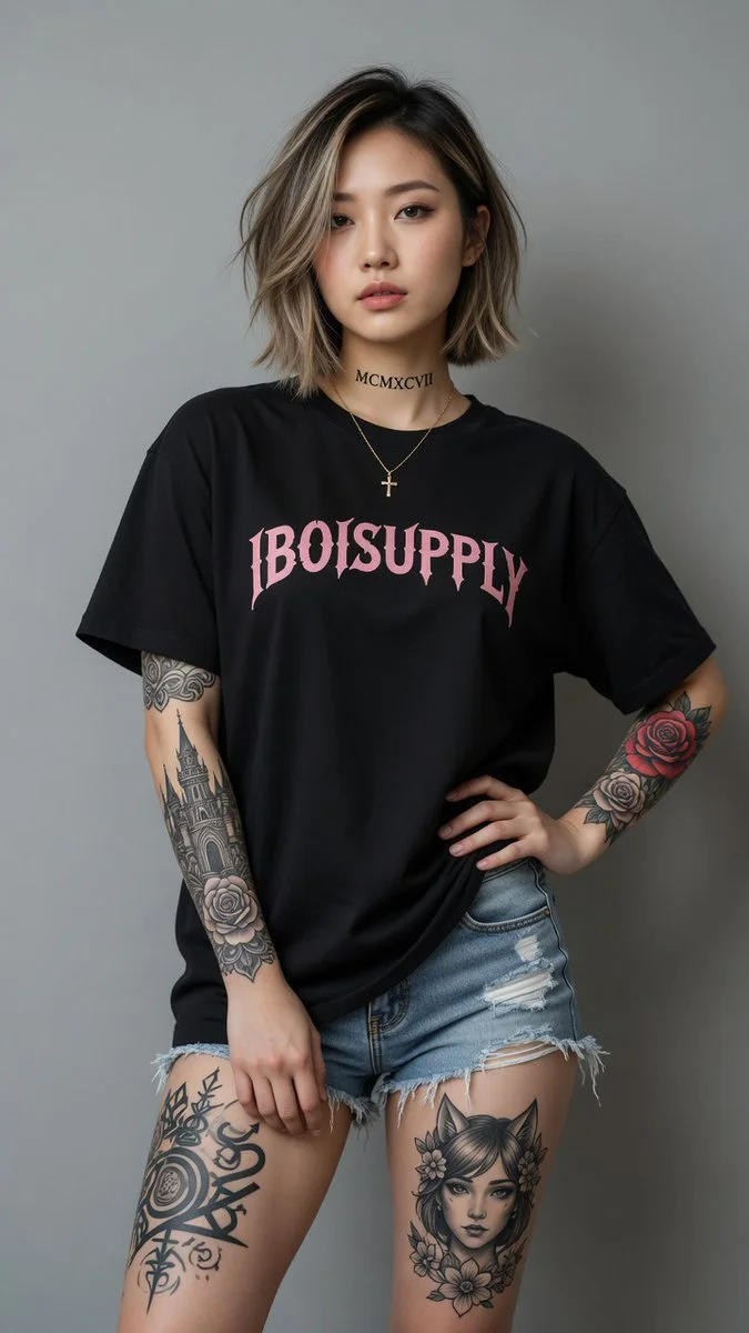 Confident model with neck and arm tattoos stares directly at camera