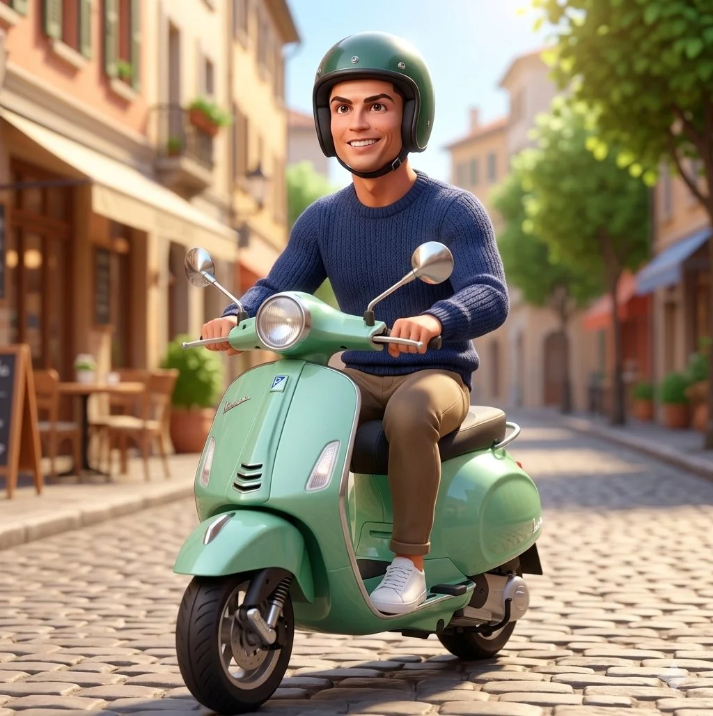 Confident Ride: 3D Animated Character on Retro Scooter