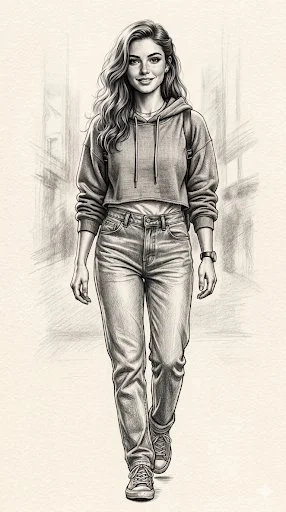 Confident Stroll: Graphite Sketch of a Modern Young Woman