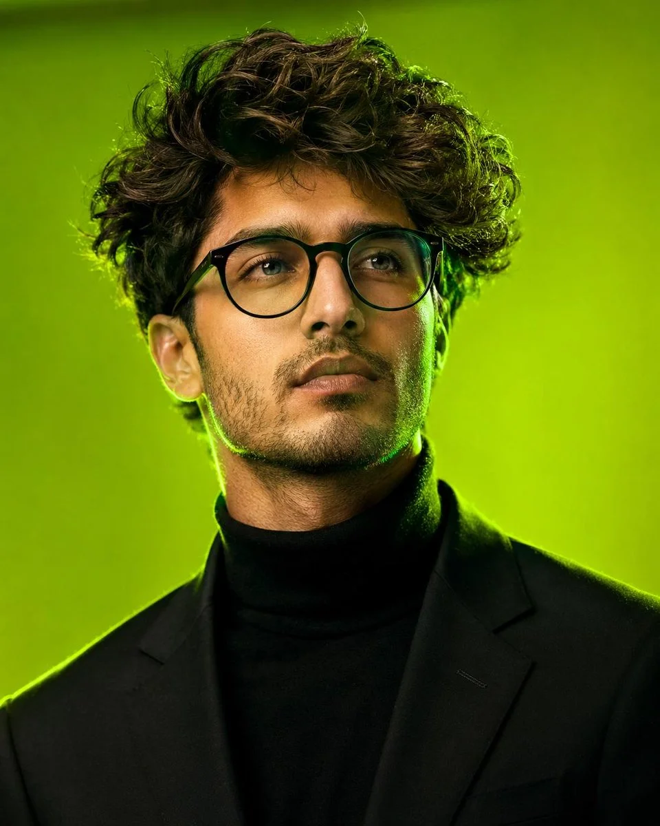 Confident tech founder poses with piercing blue eyes and green glow