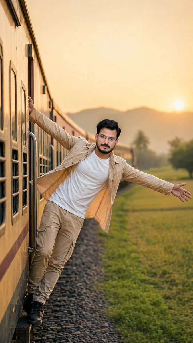 Confident traveler greets the sunset from a speeding train doorway