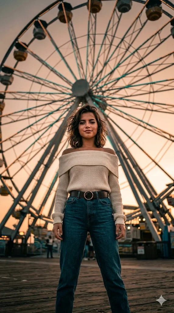 Confident Urban Elegance Amid Giant Rides