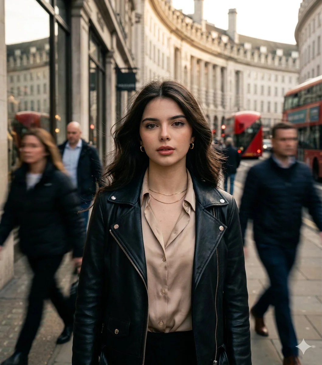 Confident Urban Elegance: Cinematic Street Portrait in Motion
