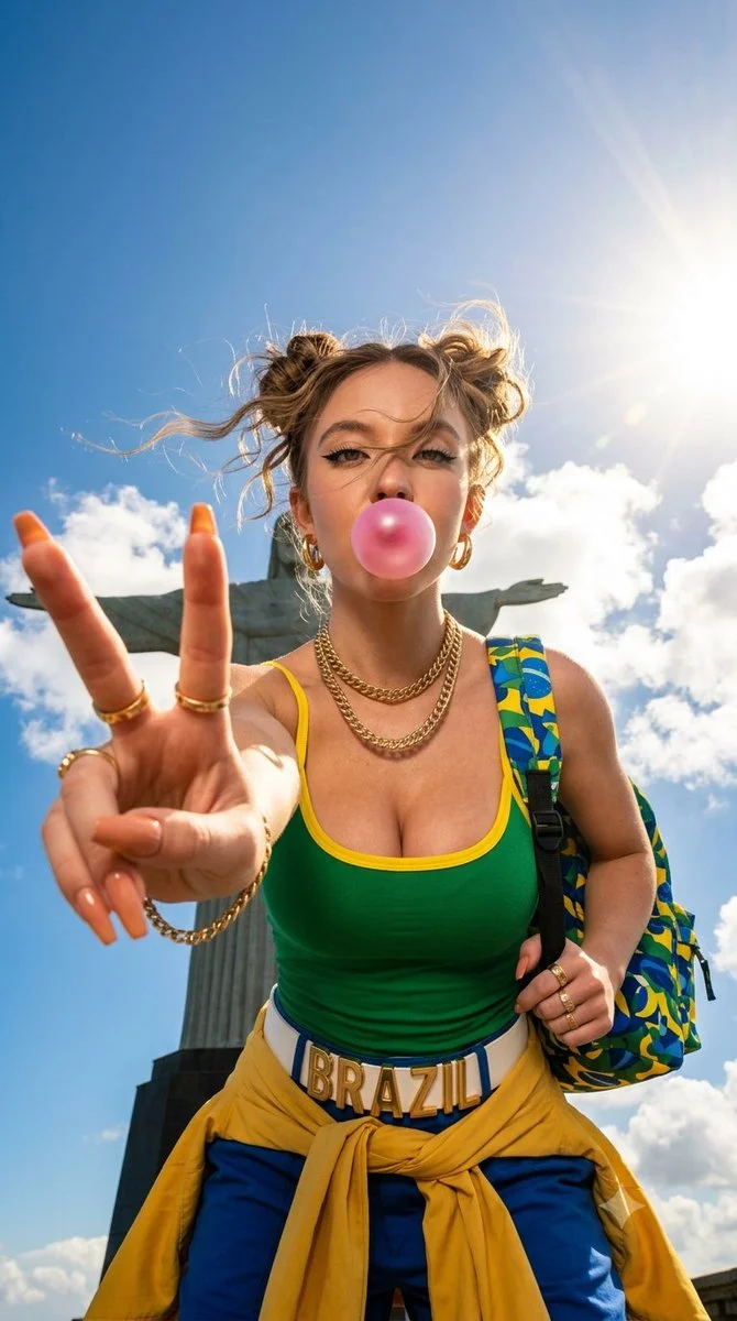 Confident woman blows pink bubblegum at the Colosseum in Rome
