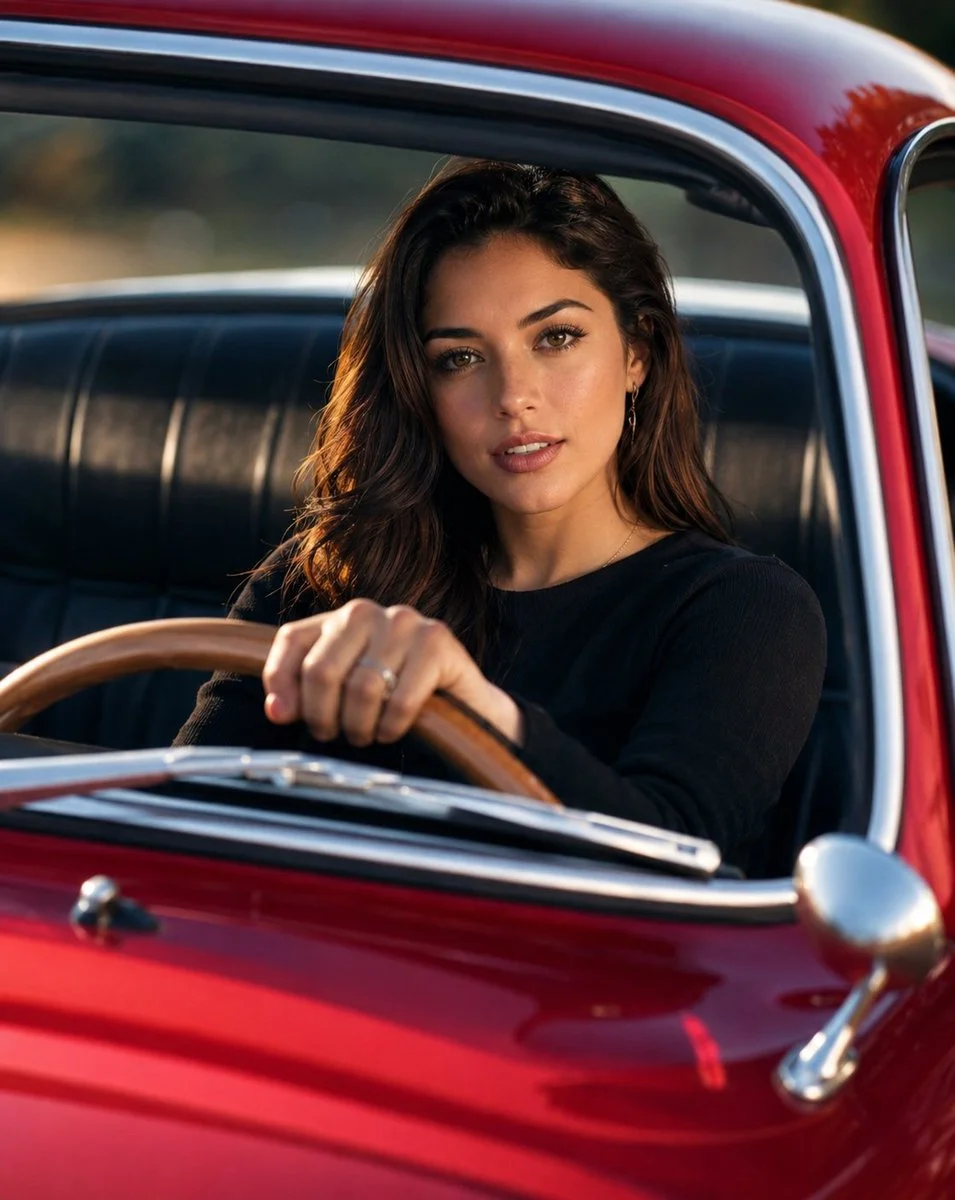 Confident woman grips classic wooden steering wheel in vintage red sports car