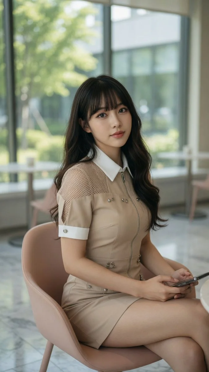 Confident woman holding smartphone sits in modern cafe with natural light