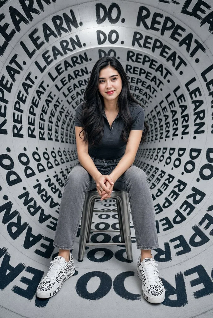 Confident woman in a typography tunnel poses for a fashion portrait