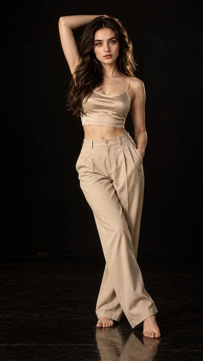 Confident woman in beige satin top stands in black studio