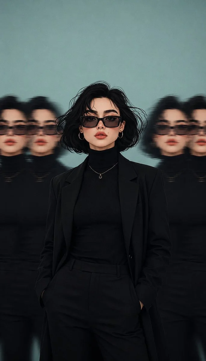 Confident woman in black blazer faces forward with blurred clones framing her