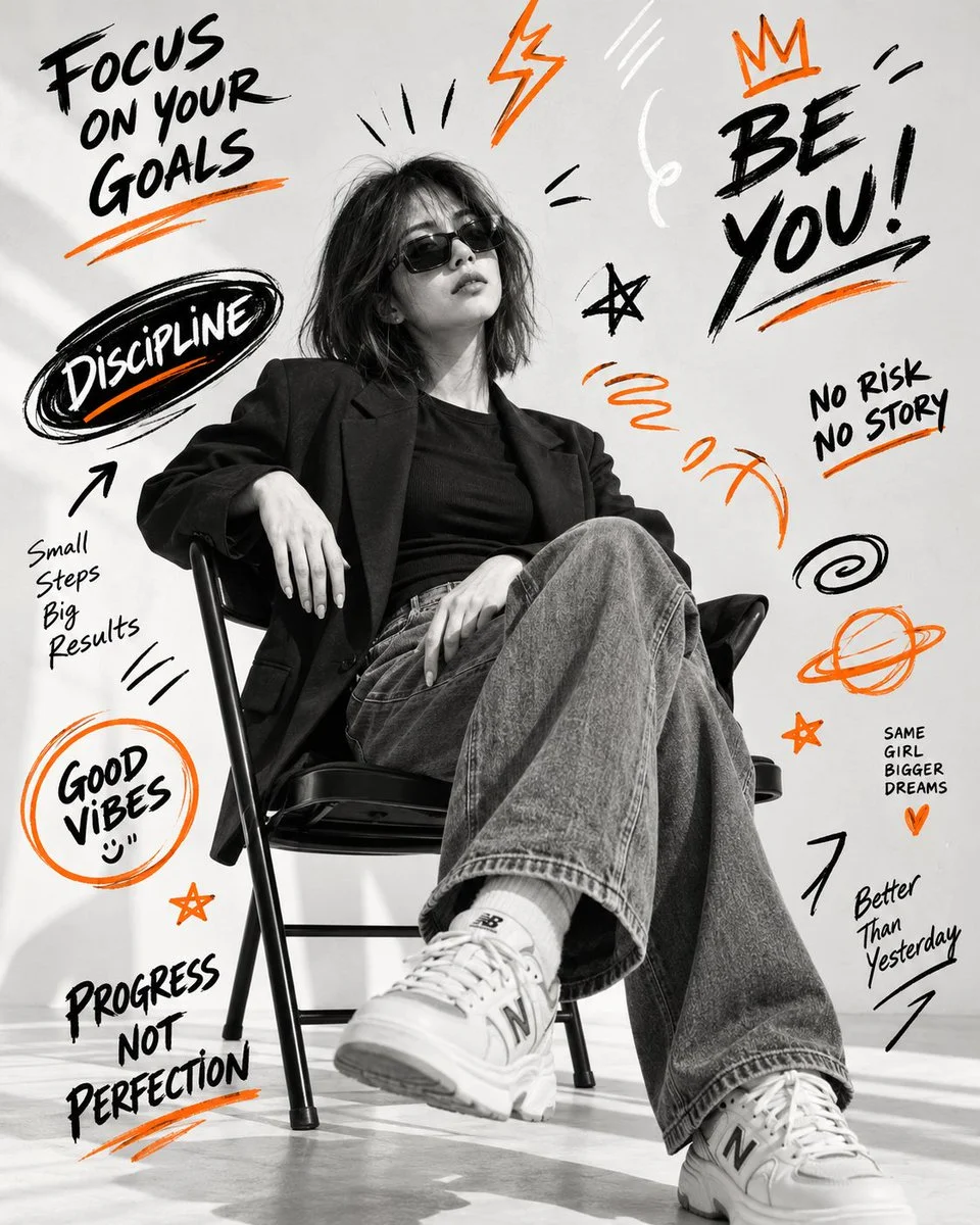Confident Woman in Black Blazer Poses on Folding Chair with Doodles