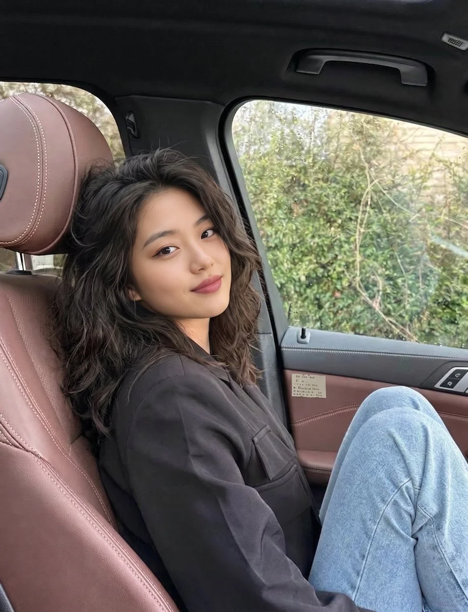 Confident woman in black blazer sits in car with brown leather seats