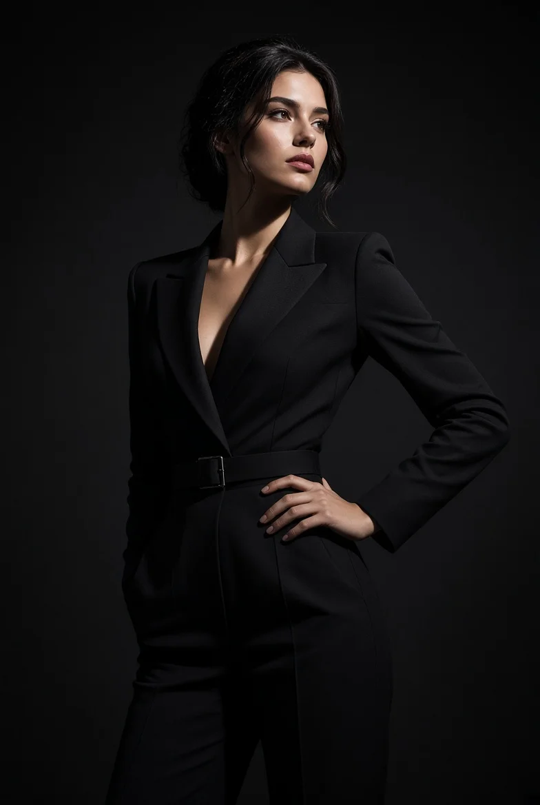 Confident Woman in Black Jumpsuit Poses Dramatically in Studio Light