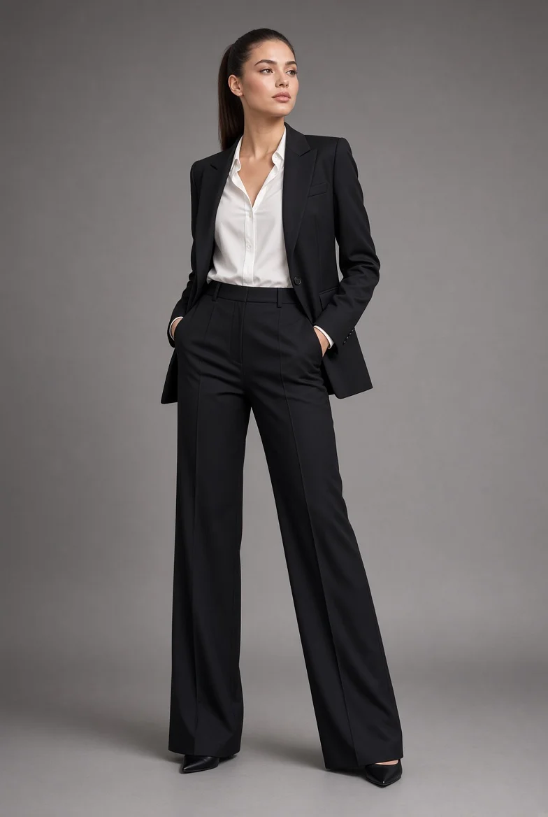 Confident woman in black pantsuit poses in high-key studio portrait