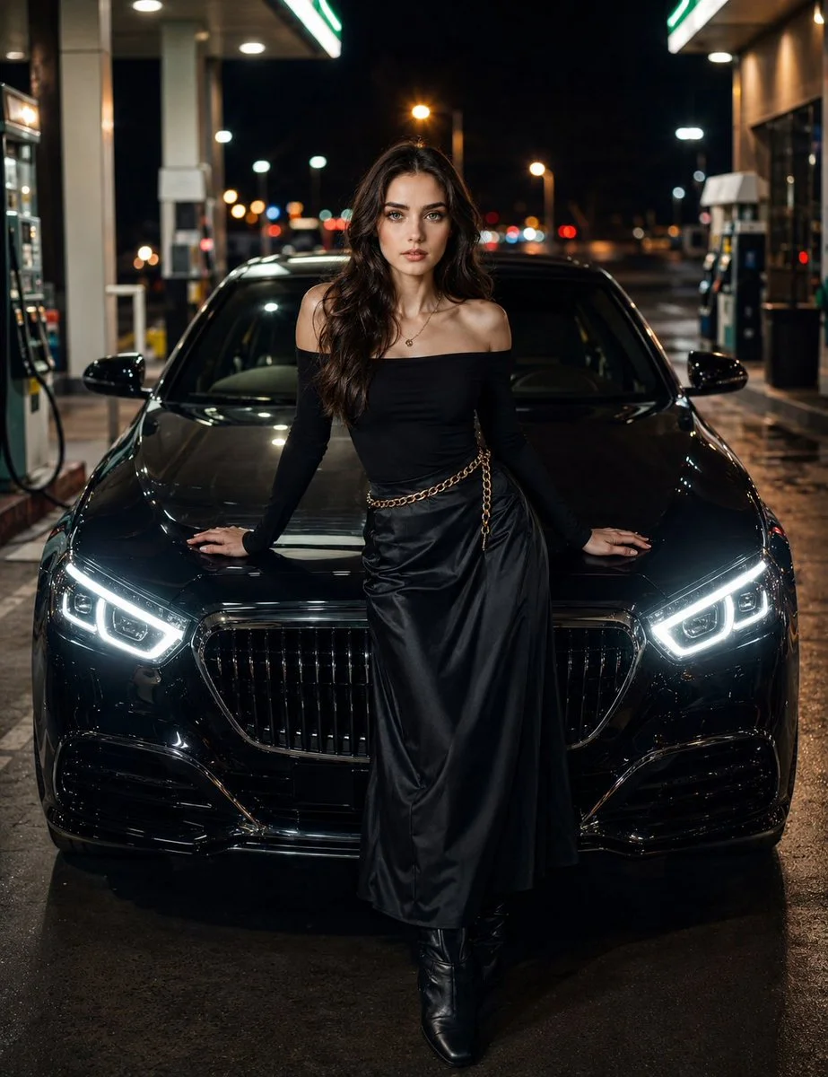 Confident woman in black poses by luxury sedan at night