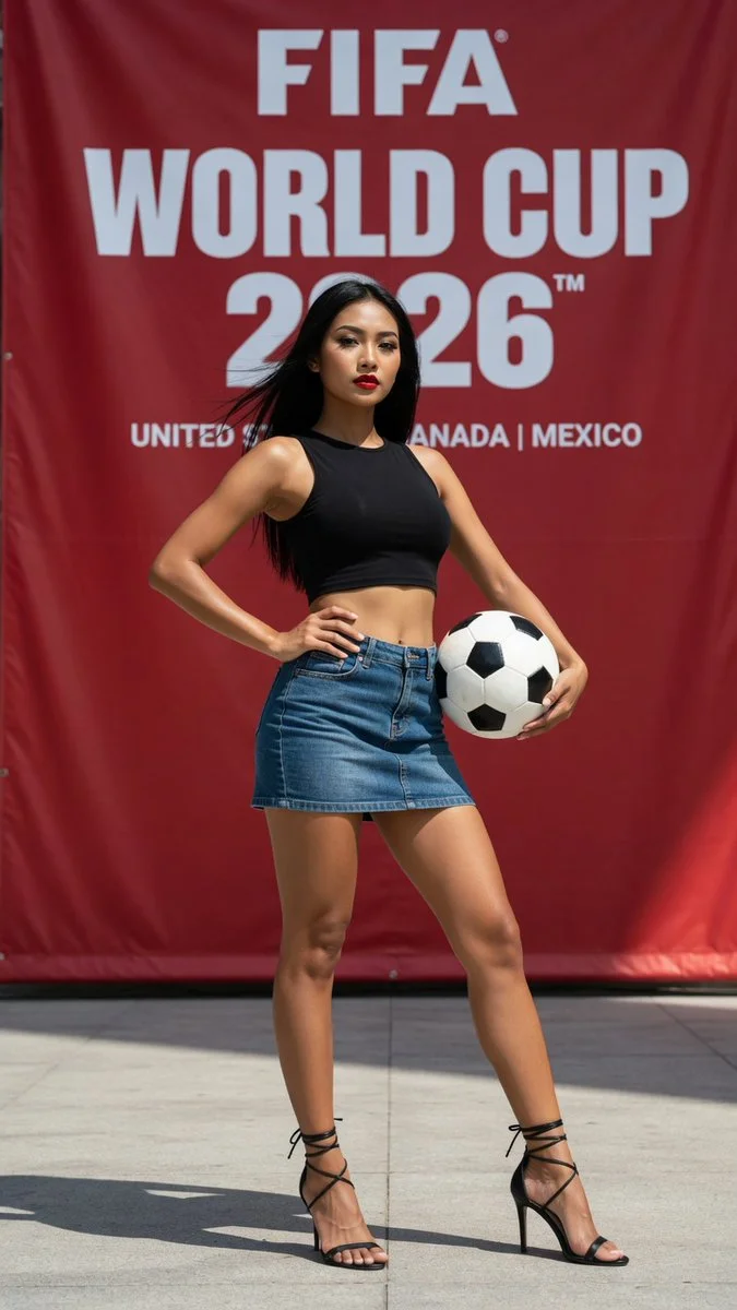 Confident woman in casual sportswear stands with World Cup 2026 banner