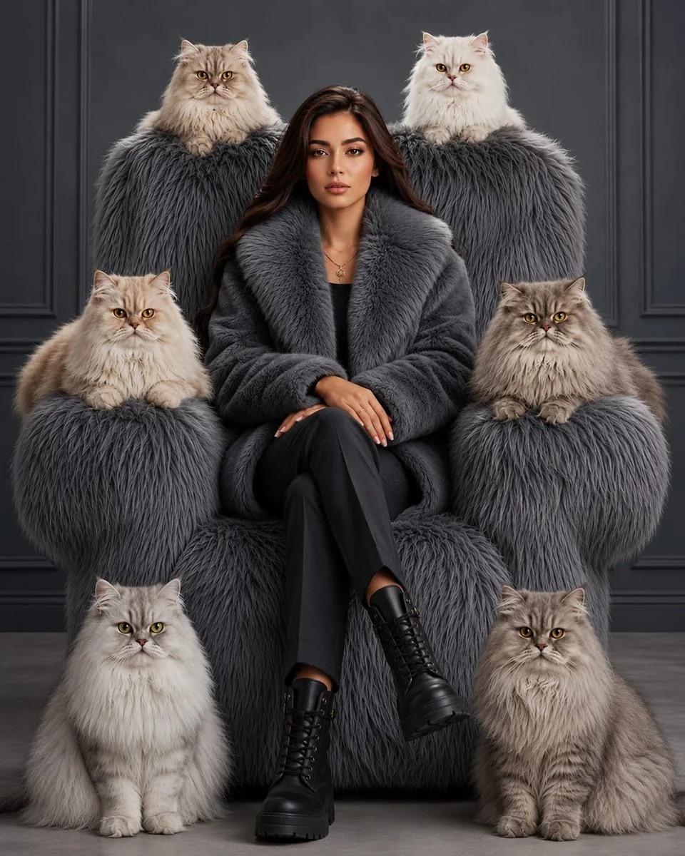Confident woman in charcoal fur throne surrounded by Persian cats