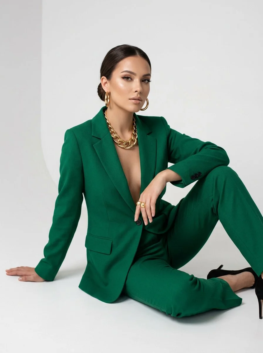 Confident woman in emerald suit sits on white cyclorama for Vogue
