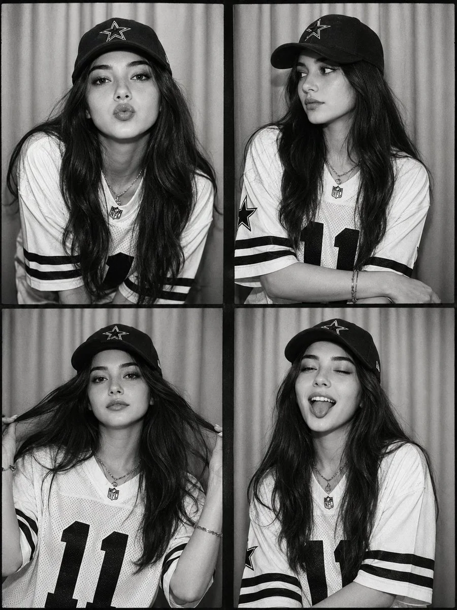 Confident woman in football jersey poses in vintage photobooth