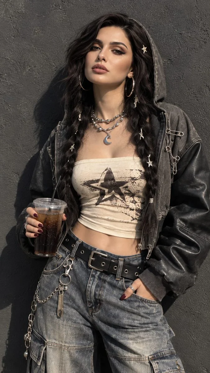 Confident woman in grunge streetwear poses against charcoal wall
