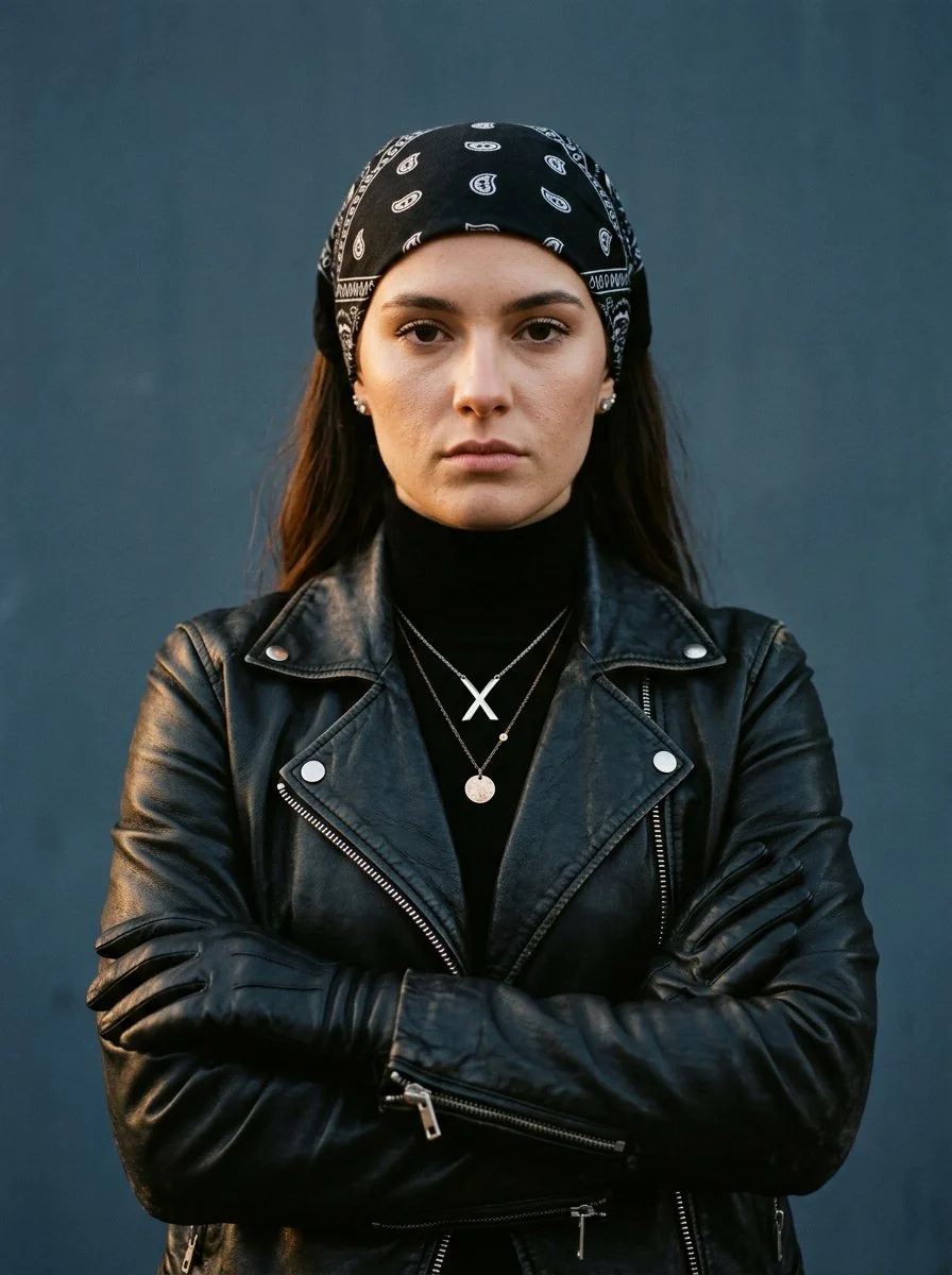 Confident Woman in Leather Jacket Crosses Arms Against Blue-Gray Backdrop