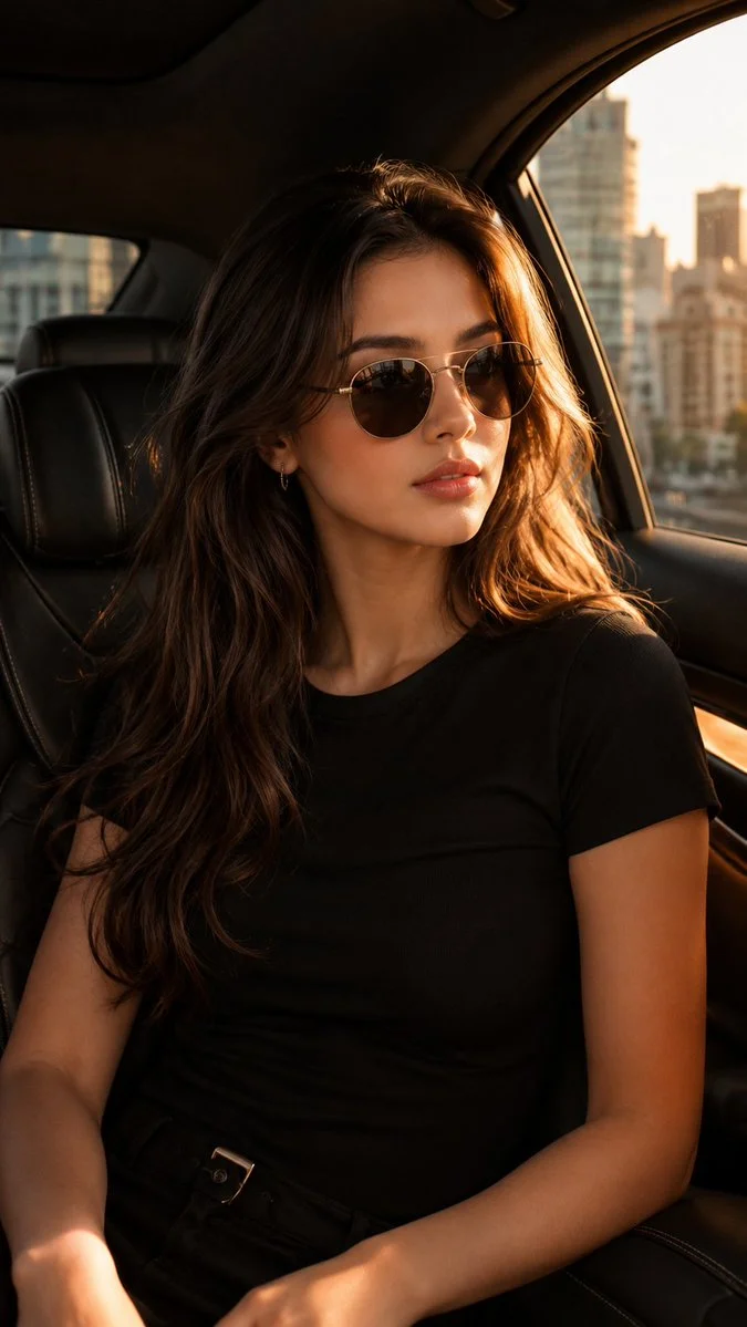 Confident woman in luxury car basks in golden hour sunlight