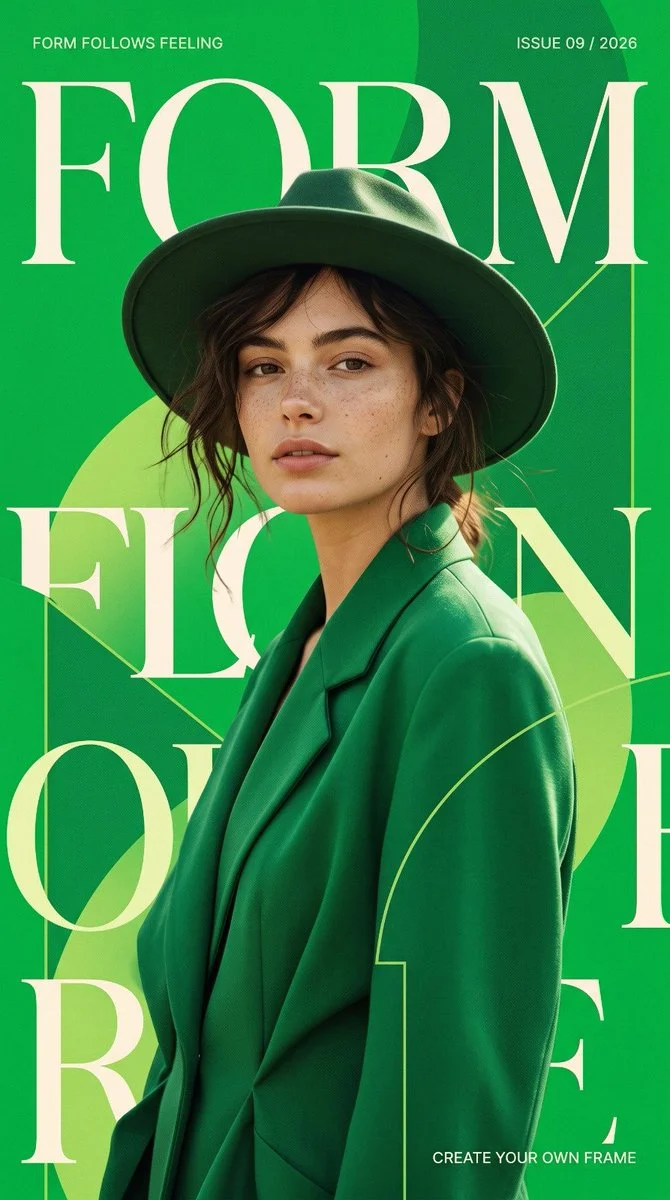 Confident Woman in Parrot-Green Jacket Poses Amid Abstract Curves