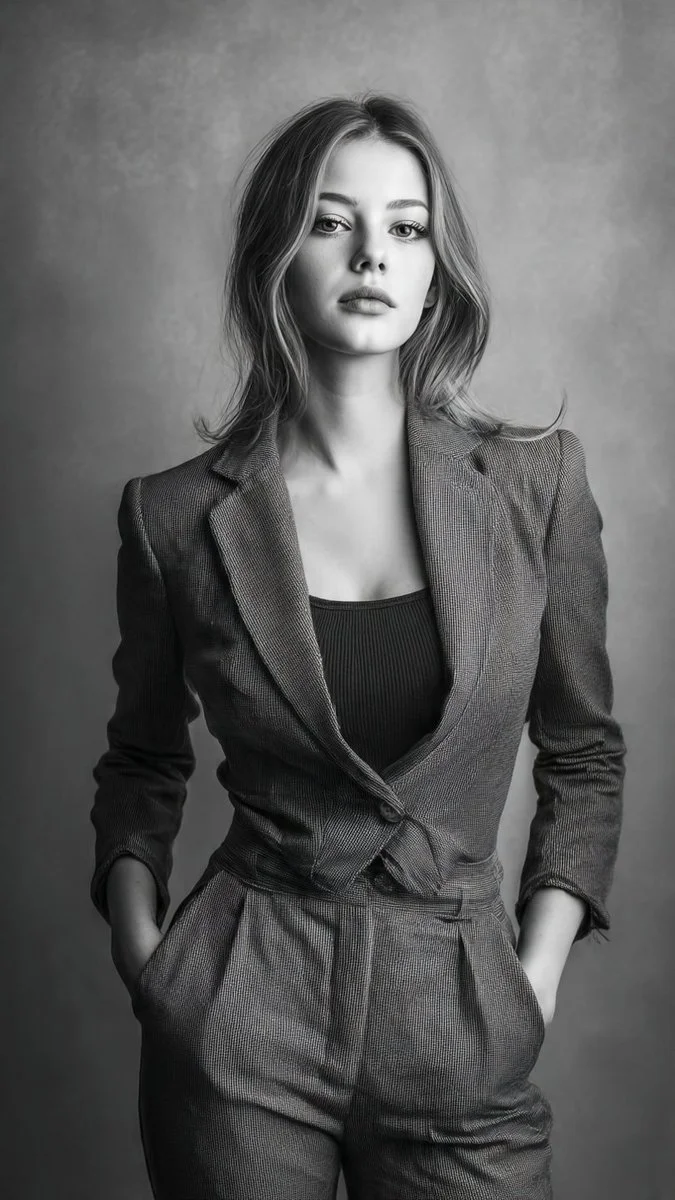 Confident woman in patterned blazer poses for studio portrait