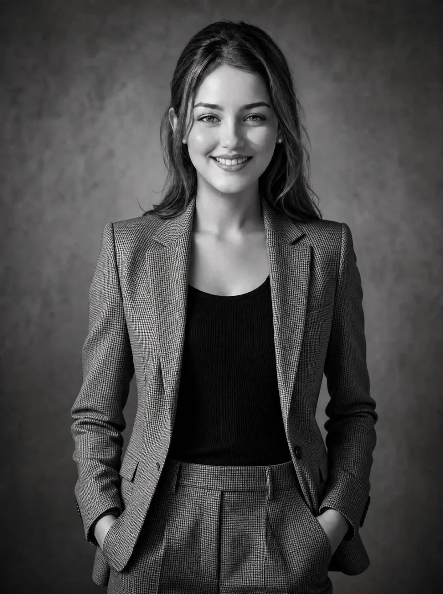 Confident woman in patterned blazer poses in black and white studio portrait